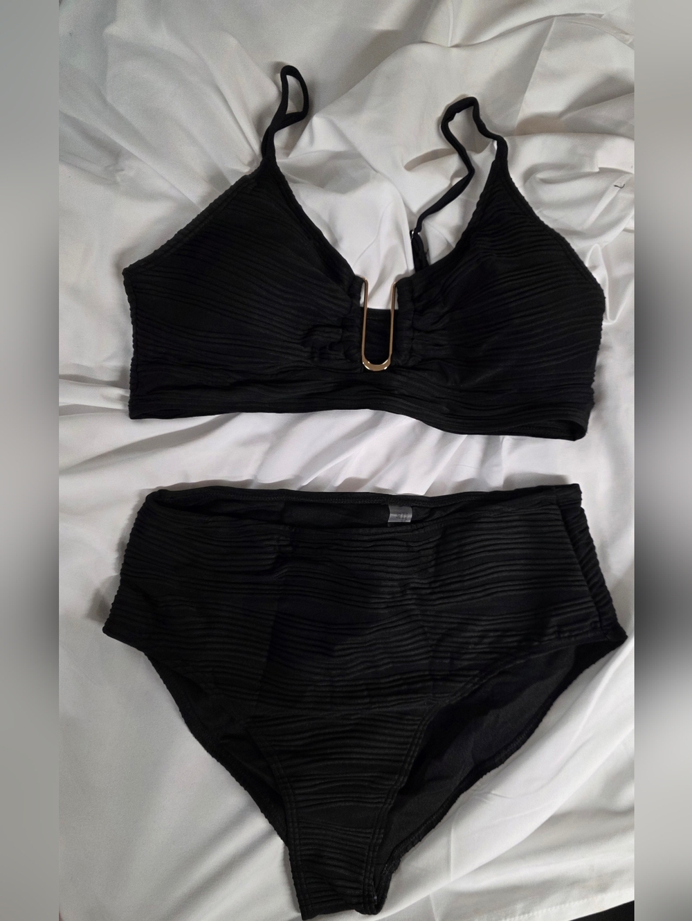 Black Two-Piece Textured Bikini Set with Gold Accent..Highrise Bottoms NEW CUTE!